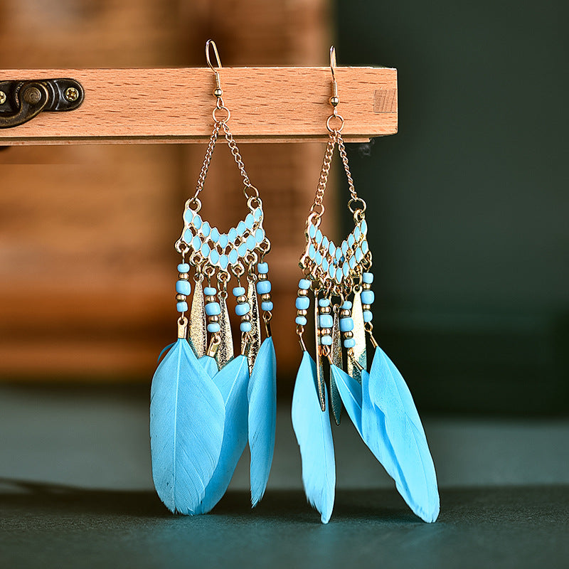 Vintage Fan-shaped Tassel Feather Long Bohemian Beads Earrings Wholesale