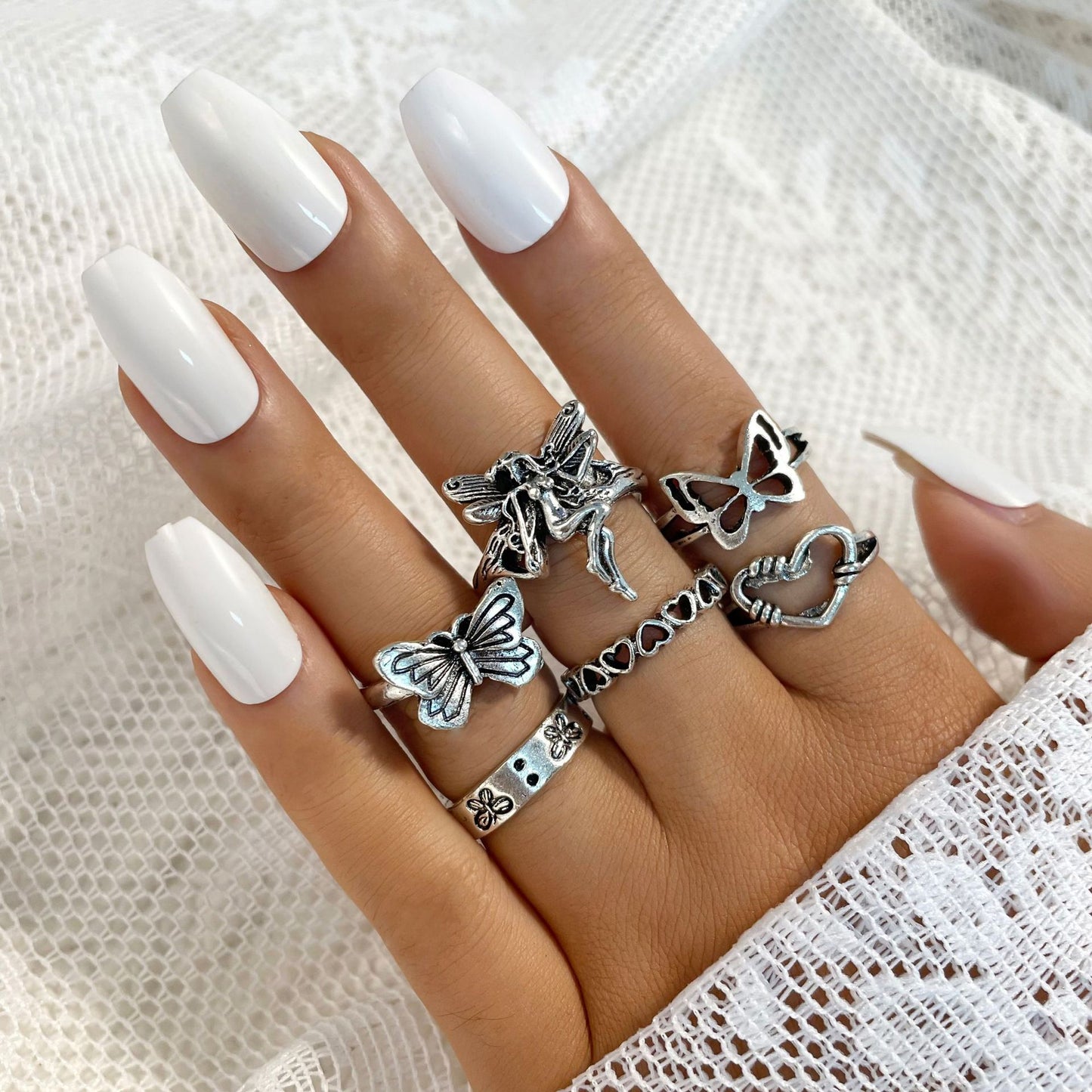 Creative Hollow Heart Shaped Butterfly Ring Set Six-piece Set