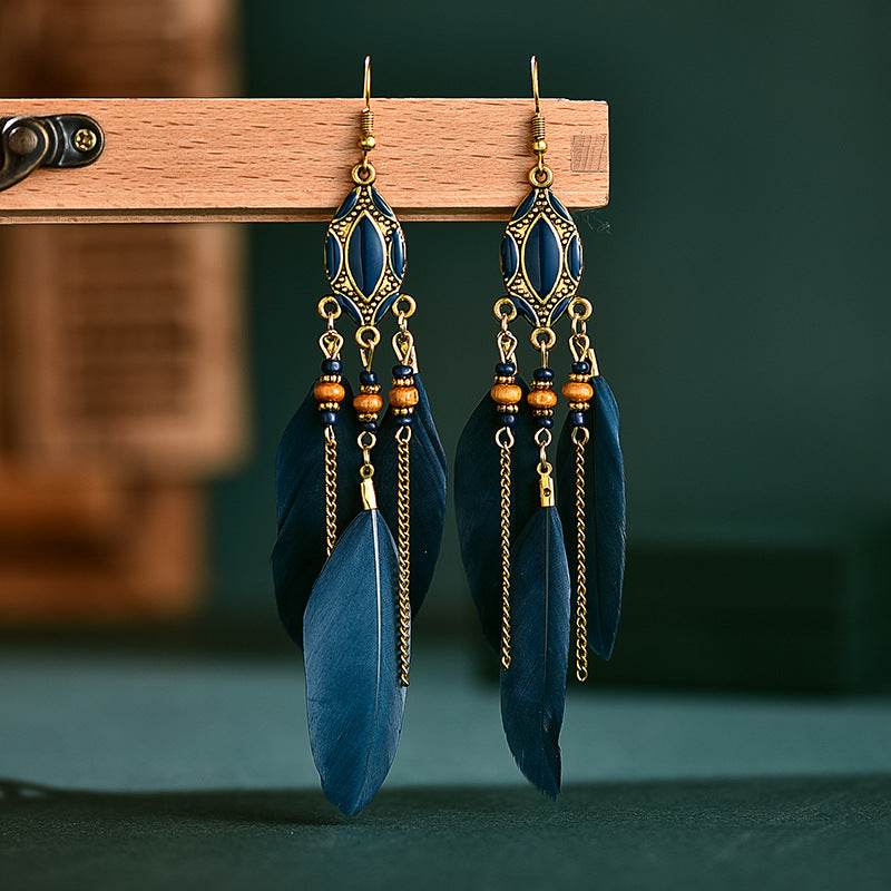 Retro Tassel Feather Long Oil Drop Earrings Wholesale