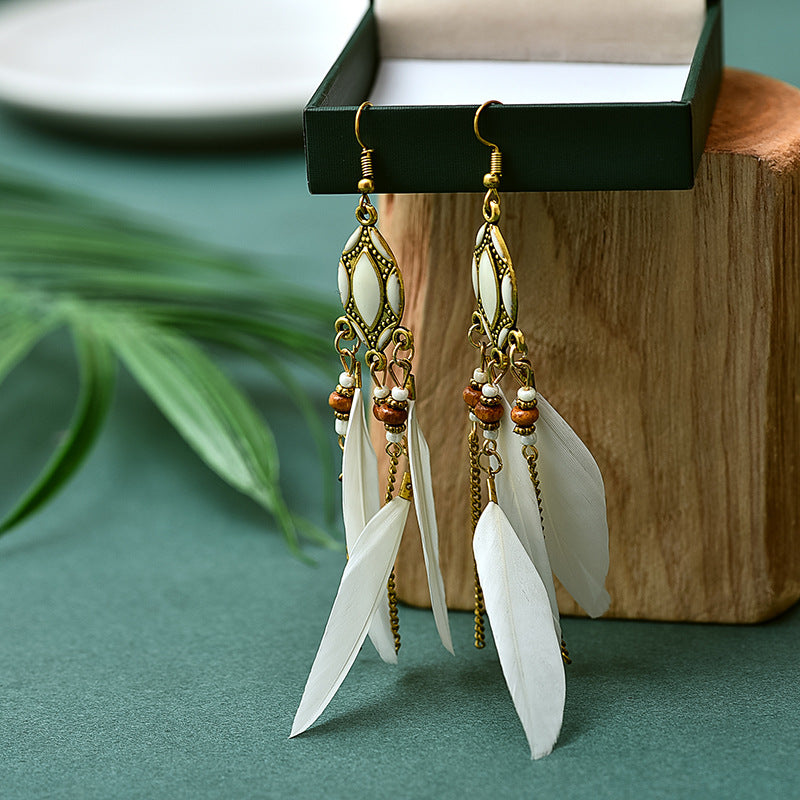 Retro Tassel Feather Long Oil Drop Earrings Wholesale