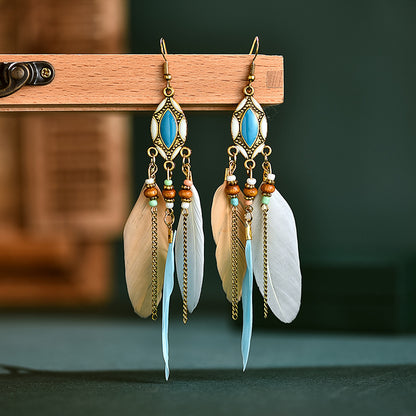 Retro Tassel Feather Long Oil Drop Earrings Wholesale