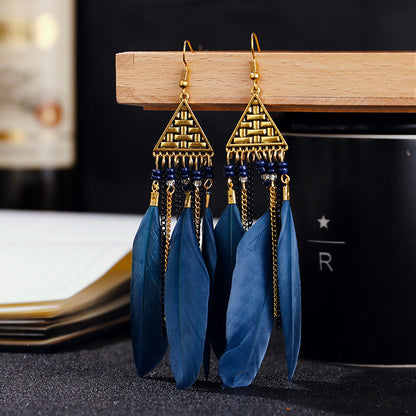 Triangle Multi-layer Chain Long Feather Retro Tassel Alloy Earrings