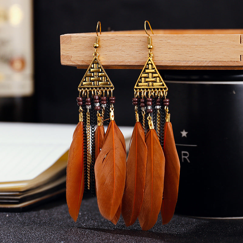 Triangle Multi-layer Chain Long Feather Retro Tassel Alloy Earrings