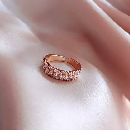 Real Gold Color-preserving Electroplating Diamond-encrusted Pearl Open Alloy Ring