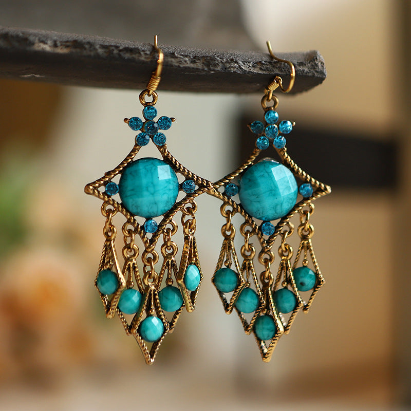 Ethnic Geometric Hollow Contrast Color Diamond-shaped Water Drop Earrings Wholesale