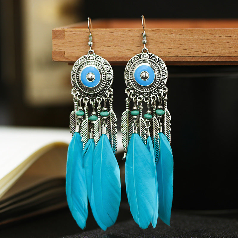 Vintage Geometric Round Alloy Long Feather Leaves Tassel Earrings Wholesale