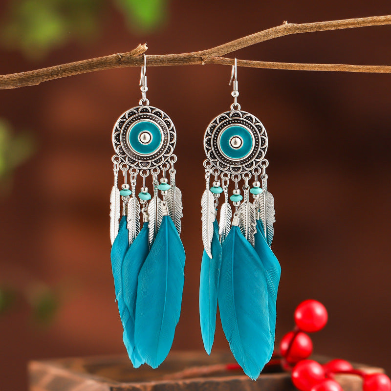 Vintage Geometric Round Alloy Long Feather Leaves Tassel Earrings Wholesale