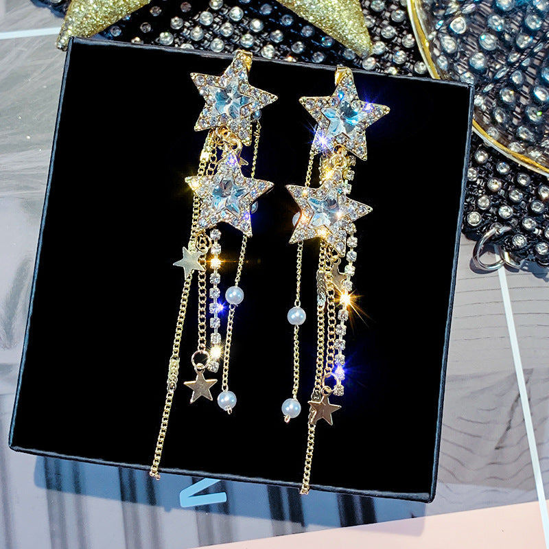 Vintage Exaggerated Long Tassel Five-pointed Star Rhinestone Earrings Wholesale