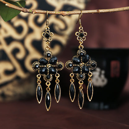 New Retro Ethnic Style Diamond Hollow Long Tassel Alloy Earrings Wholesale