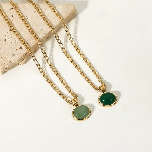 14k Green Aventurine Jade Round Pendant Figaro Chain Stainless Steel Necklace