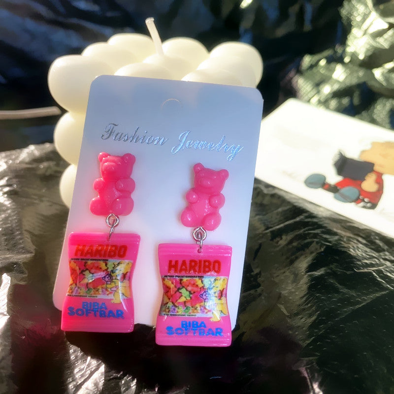 Creative Bear Candy Bag Ear Studs Childlike Simulation Food Play Earrings