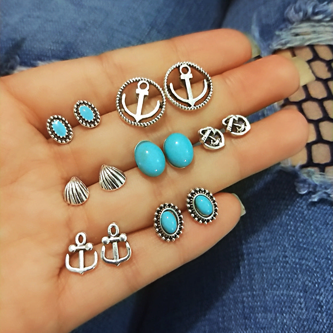 Fashion Alloy Stud Earrings Anchor Shell Inlaid Turquoise 7 Pairs Set