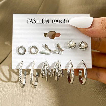 Simple Letter C-shaped Snake-shaped Rhinestone-studded Earrings Set 6 Pairs