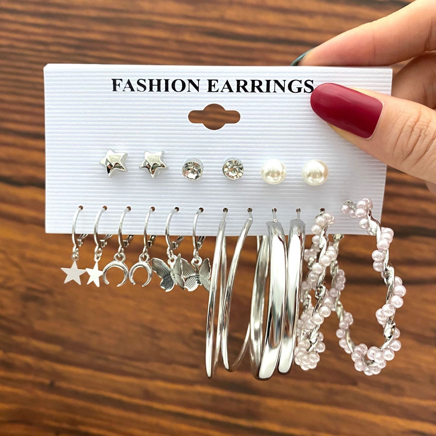 Simple Letter C-shaped Snake-shaped Rhinestone-studded Earrings Set 6 Pairs