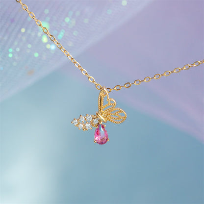 Vintage Hollow Butterfly Pink Rhinestone Alloy Necklace Wholesale