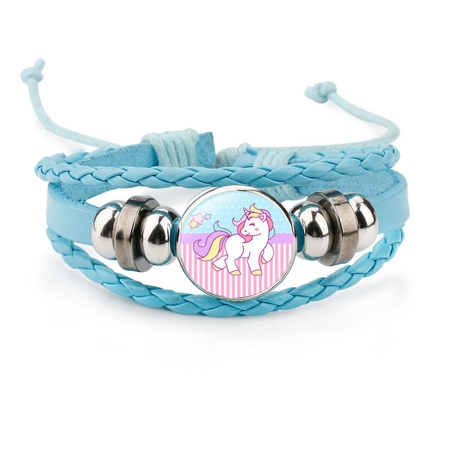 Cute Children's Cartoon Unicorn Pony Blue Hand-woven Rope Leather Bracelet