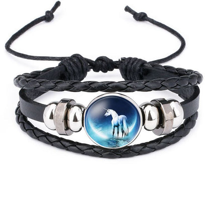 Cute Children's Cartoon Unicorn Pony Blue Hand-woven Rope Leather Bracelet