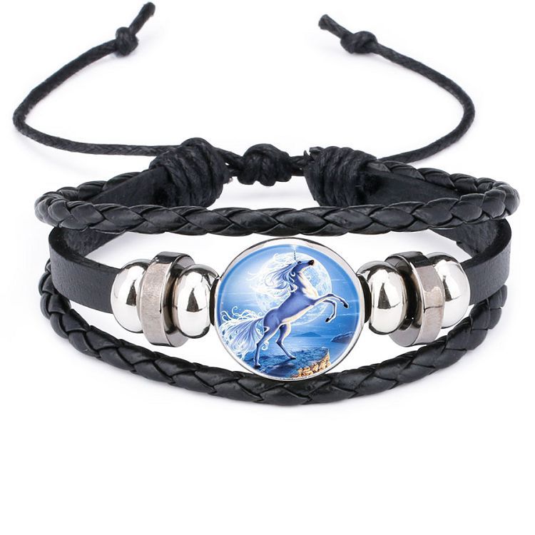 Cute Children's Cartoon Unicorn Pony Blue Hand-woven Rope Leather Bracelet