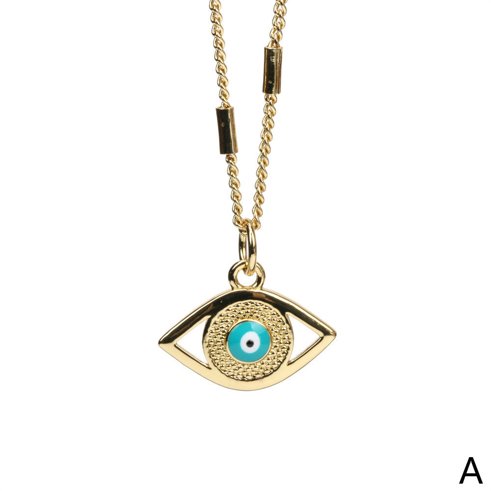 Fashion Color Devil's Eye Oil Drop Copper Gold-plated Cuban Chain Pendant Necklace