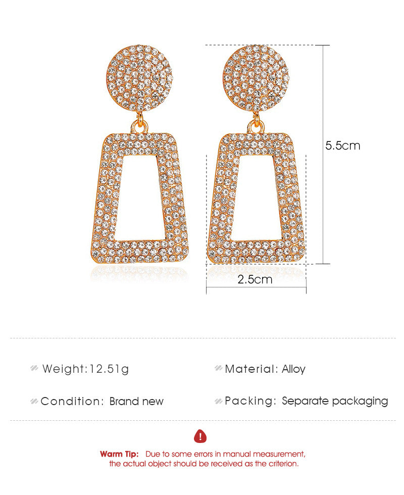 New Long Flashing Diamond Geometric Exaggerated Inlaid Diamond Square Hollow Earrings Wholesale