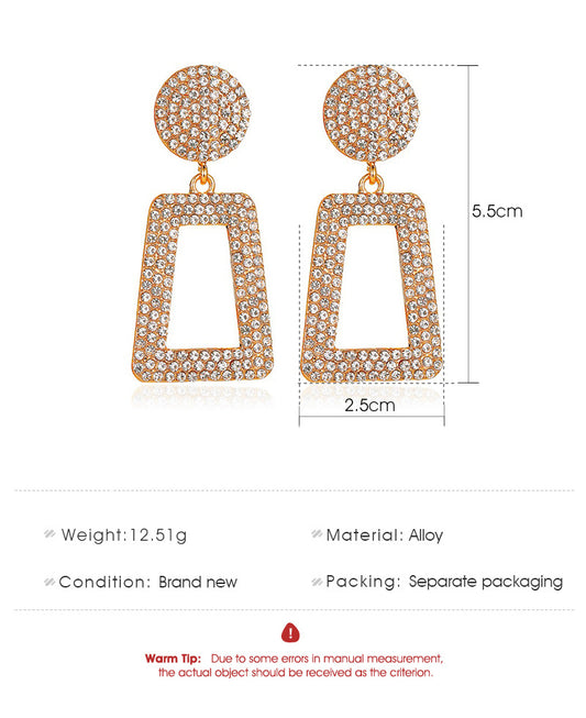 New Long Flashing Diamond Geometric Exaggerated Inlaid Diamond Square Hollow Earrings Wholesale