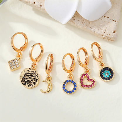 Fashion Single Geometric Moon Heart Shape Hollowed Inlaid Zircon Hoop Earriings Set