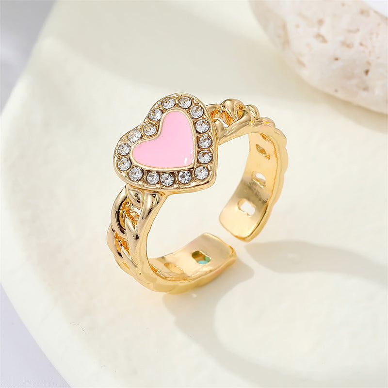 Simple Rhinestone Dripping Oil Heart Geometric Open Ring Female