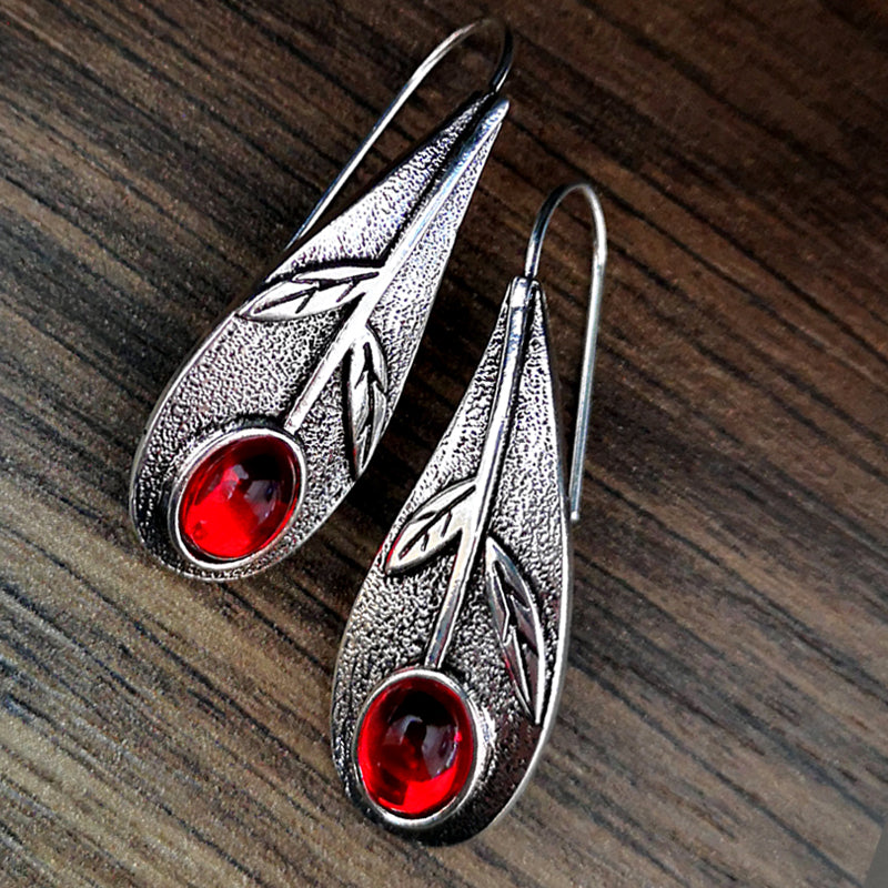 Retro Leaf Ruby Alloy Earrings Fashion Ear Jewelry