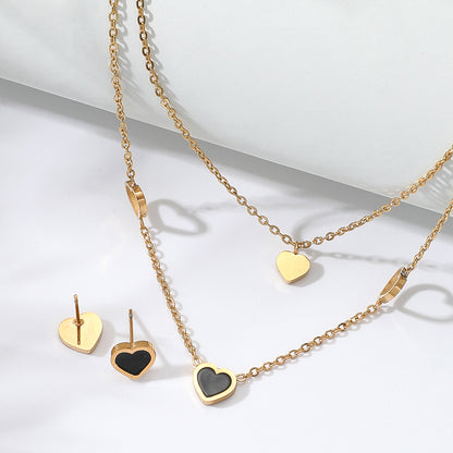 Fashion Stainless Steel Electroplating 18k Gold Heart-shaped Double-layer Necklace Earrings Set