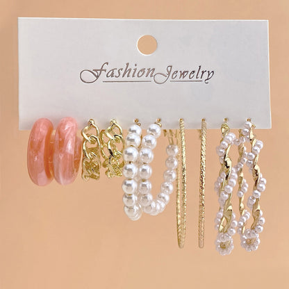 Retro Winding Pearl 5 Pairs Of Creative Simple Pink Acrylic Chain Earrings