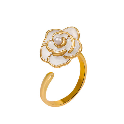 New French White Camellia Open Index Finger Ring Female