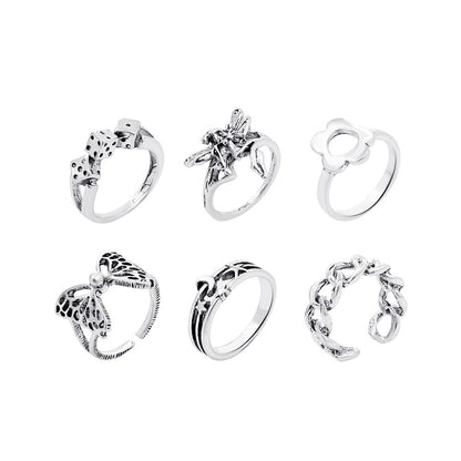 New Geometric Ring 6-piece Set Retro Butterfly Flower Tail Ring