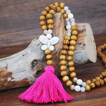 Retro Turquoise Pendant Wood Bead Bohemian Color Tassel Long Necklace