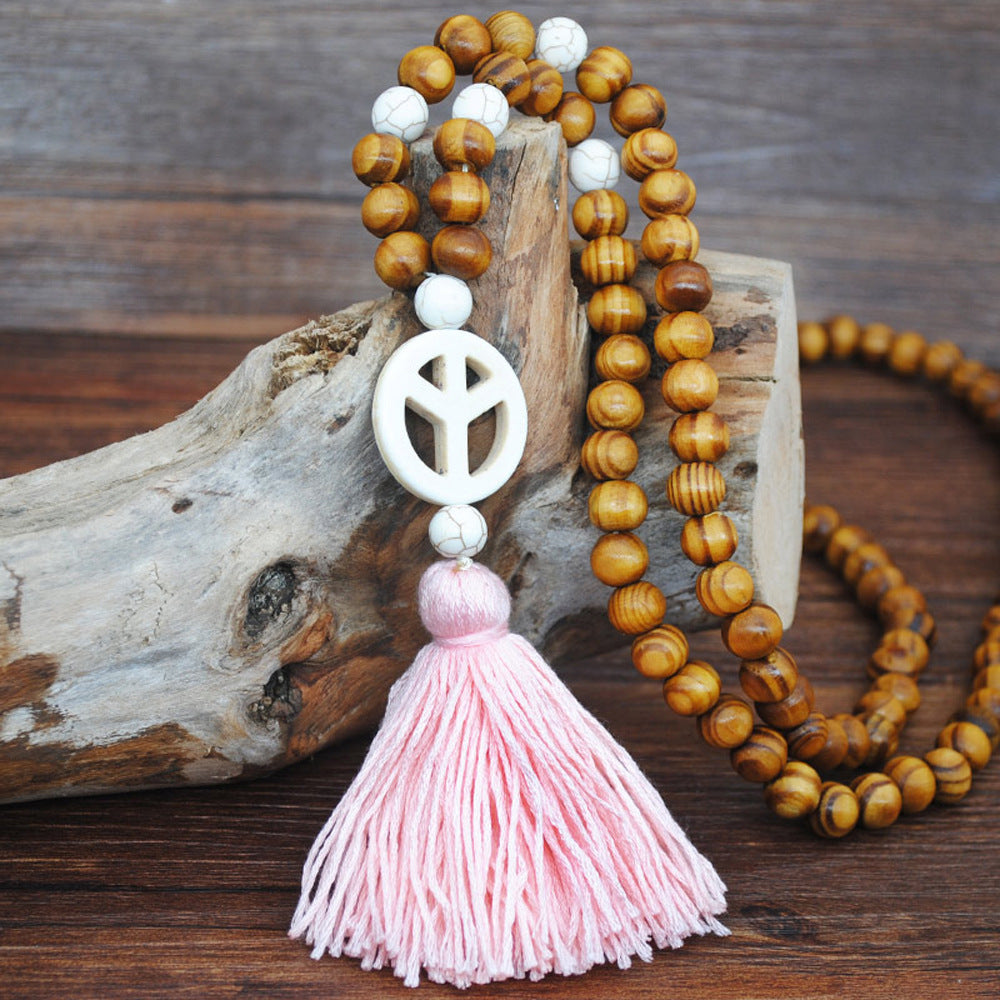 Retro Turquoise Pendant Wood Bead Bohemian Color Tassel Long Necklace