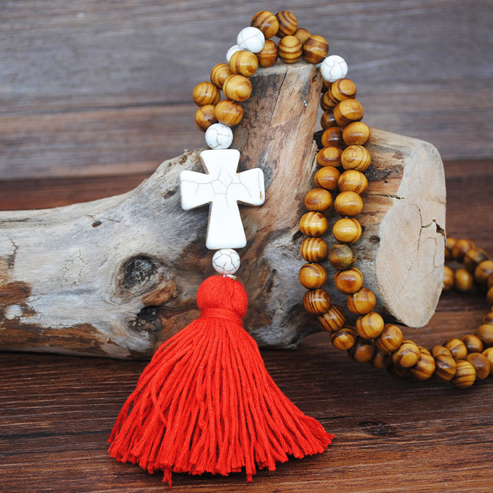 Retro Turquoise Pendant Wood Bead Bohemian Color Tassel Long Necklace