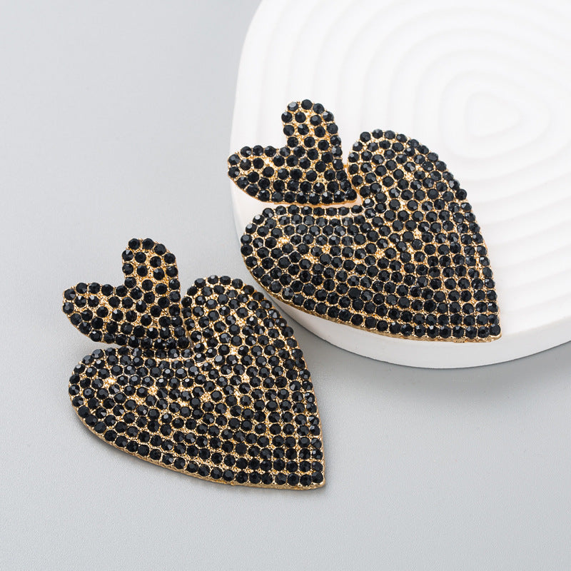 Hyperbole Heart-shaped Inlaid Rhinestone Alloy Stud Earrings