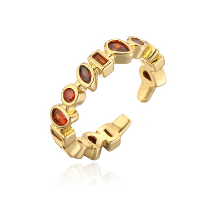 Fashion Geometric Open Copper Plated 18k Gold Colorful Zircon Ring