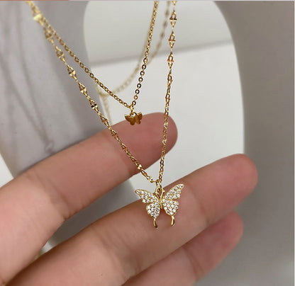 Double-layer Butterfly Diamond Pendant Necklace