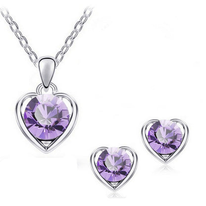 Fashion Simple Crystal Heart Pendent Alloy Necklace Earrings Set