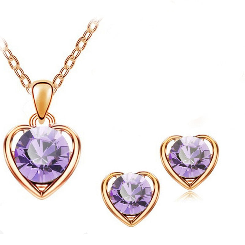 Fashion Simple Crystal Heart Pendent Alloy Necklace Earrings Set