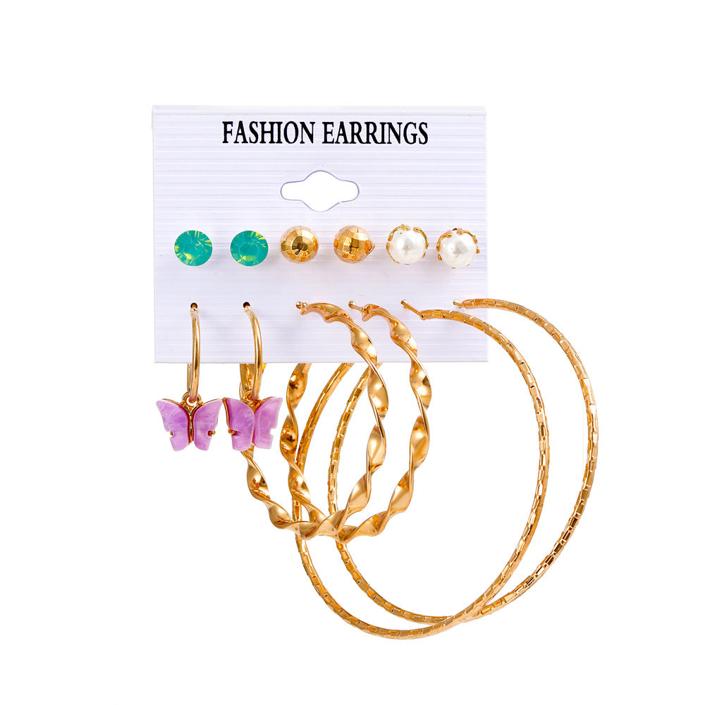 Fashion Butterfly Inlaid Pearl Alloy Geometric Hoop Earrings Six-piece Set