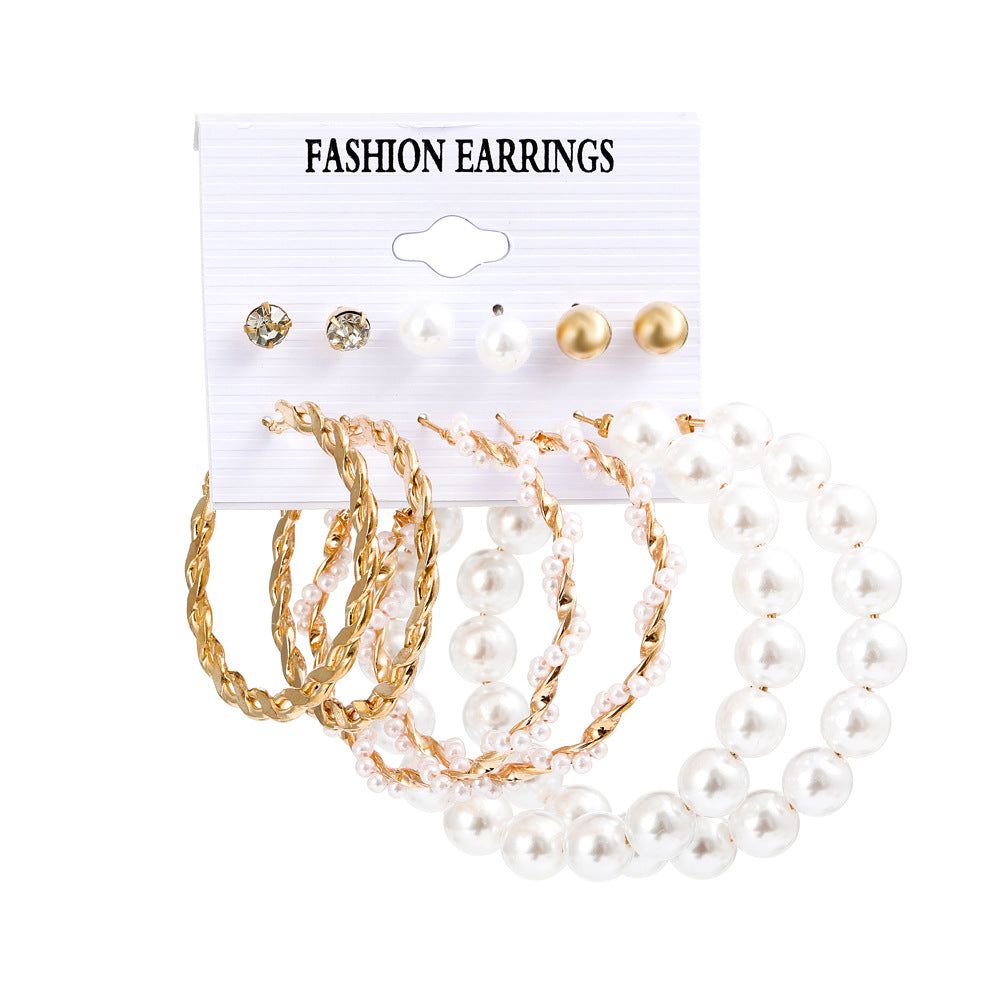 Fashion Butterfly Inlaid Pearl Alloy Geometric Hoop Earrings Six-piece Set