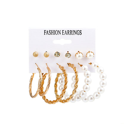 Fashion Butterfly Inlaid Pearl Alloy Geometric Hoop Earrings Six-piece Set