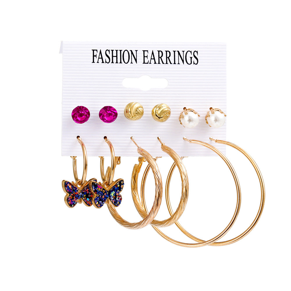 Fashion Butterfly Inlaid Pearl Alloy Geometric Hoop Earrings Six-piece Set