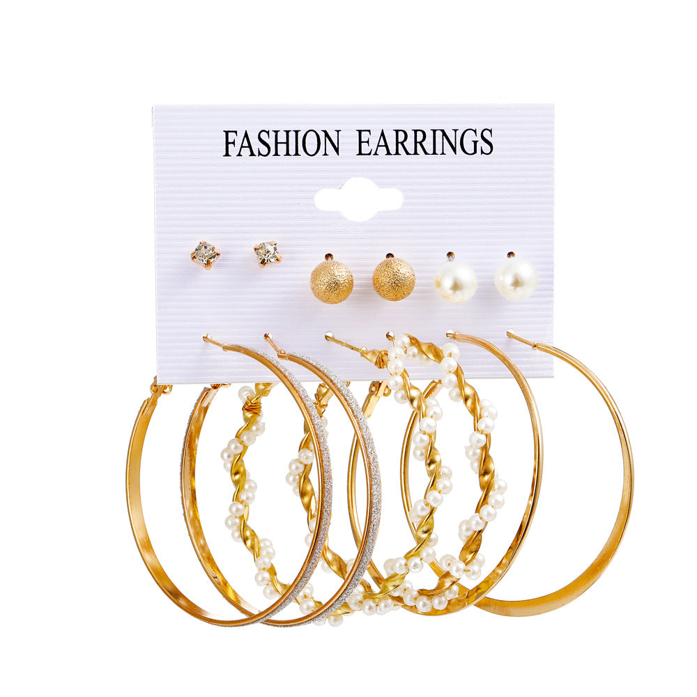 Fashion Butterfly Inlaid Pearl Alloy Geometric Hoop Earrings Six-piece Set