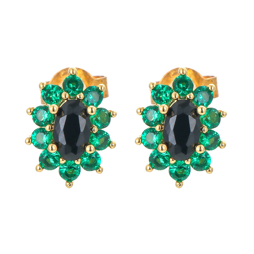 Korean Color Sun Flower Copper 18k Gold-plated Inlaid Zircon Stud Earrings