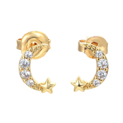 Korean Style Star Moon Shaped Inlaid Colorful Zircon Copper Earrings Wholesale