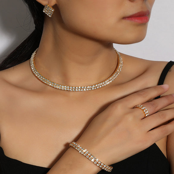 Bridal Jewelry Rhinestone Chain Necklace Bracelet Ring Earrings Set