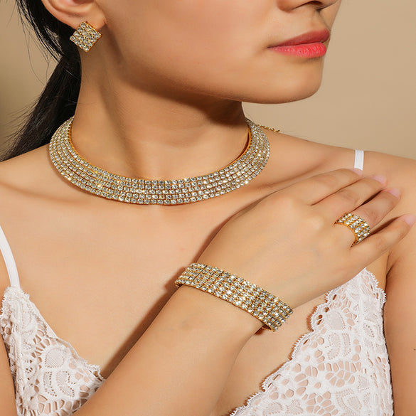 Bridal Jewelry Rhinestone Chain Necklace Bracelet Ring Earrings Set