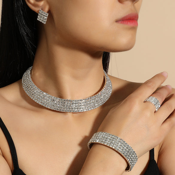Bridal Jewelry Rhinestone Chain Necklace Bracelet Ring Earrings Set